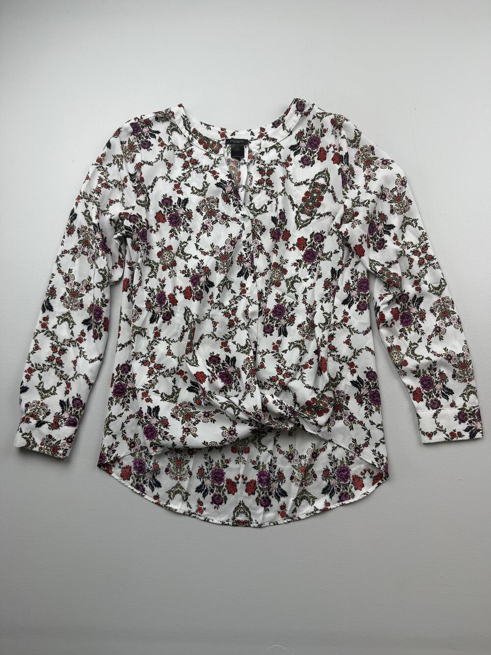 Ann Taylor Factory Blouse Womens M White Floral Long Sleeve Round Neck Top